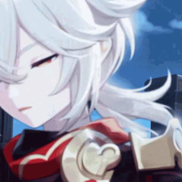 a close up of a white haired anime character with a heart on her chest