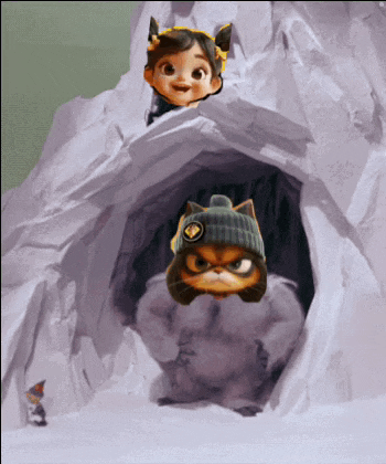 a cartoon cat wearing a beanie is standing next to a girl