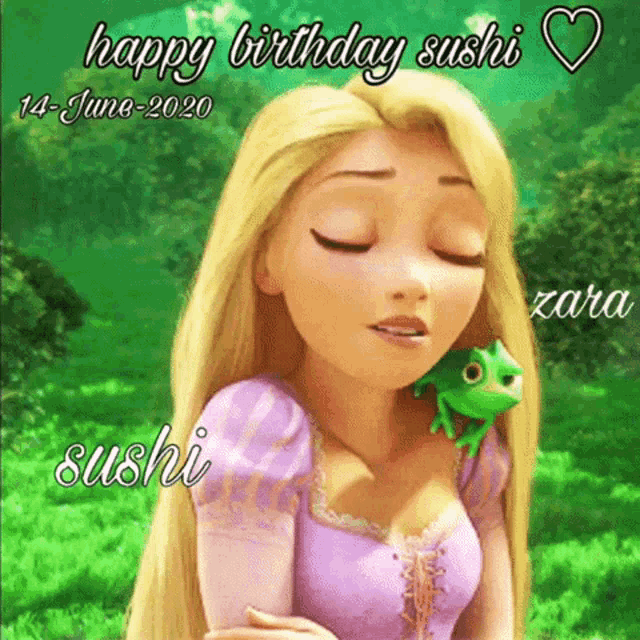 a cartoon of rapunzel with a lizard on her shoulder