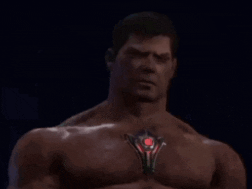 a man with red eyes and a necklace around his chest