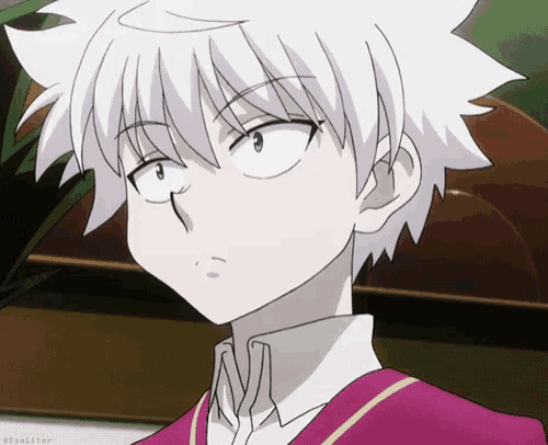 a close up of a cartoon character with white hair