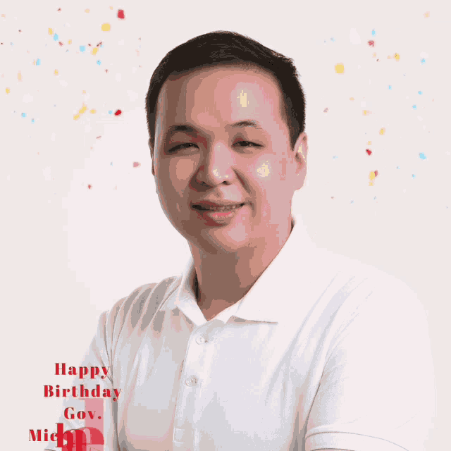 a man in a white shirt is smiling with a happy birthday message behind him