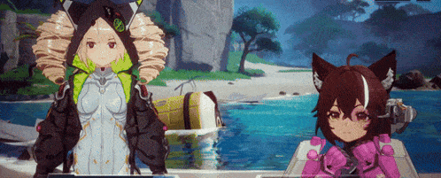 two anime characters are standing next to each other on a beach
