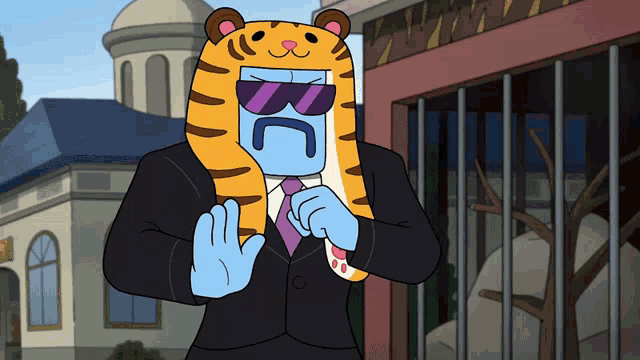 a cartoon character in a suit and tie with a tiger 's head