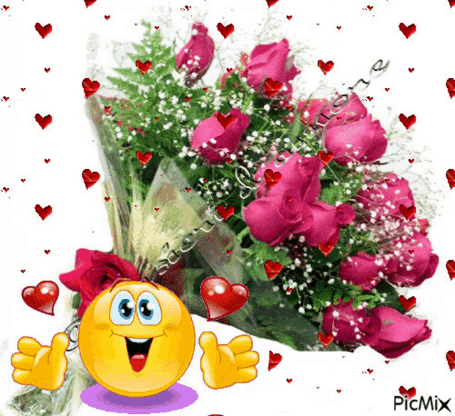 a smiley face is holding a bouquet of pink roses with hearts around it