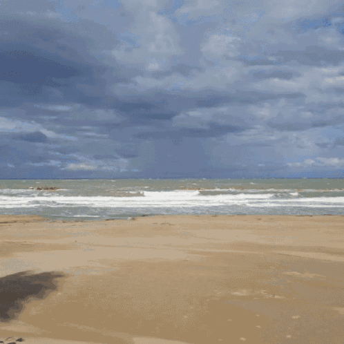 a beach on a cloudy day with a city in the background