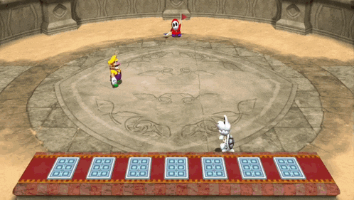two cartoon characters are playing a game in a circle with cards on the floor