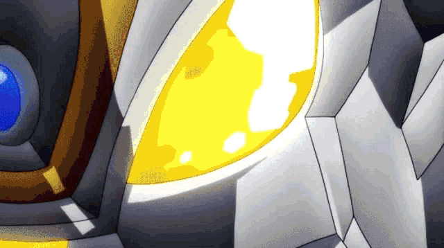 a close up of a cartoon character 's face with a yellow eye and a blue eye .
