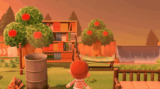a boy in a striped shirt stands in front of a bookshelf with books on it