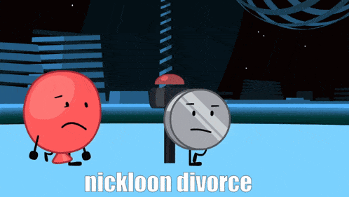 a cartoon of a red balloon and a silver coin with the words nickloon divorce below them