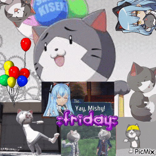 a collage of cats and balloons with the words yay mishy fridays on the bottom