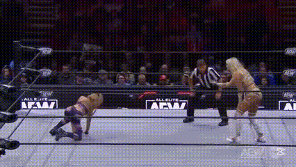 two women are wrestling in a wrestling ring with a referee .
