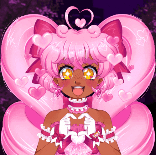 a girl with pink hair and hearts on her head
