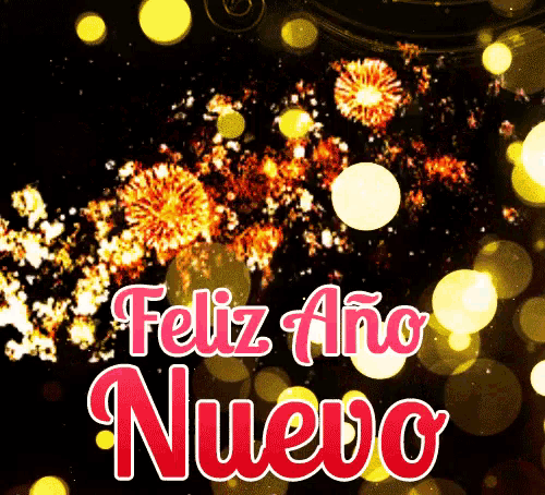 a feliz ano nuevo greeting card with fireworks behind it