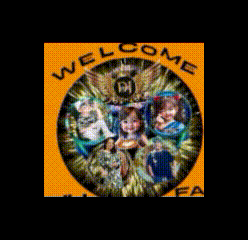 a welcome sign with a picture of a group of kids