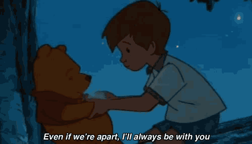 a cartoon of a boy holding a teddy bear with the words even if we 're apart i 'll always