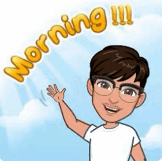 a cartoon of a man wearing glasses waving his hand with the words `` morning '' behind him .