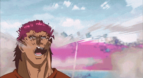 a cartoon of a man with purple hair and a pink background