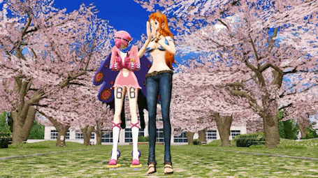 two anime characters are standing next to each other in a park with cherry blossom trees in the background .