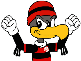 a cartoon bird wearing a red hat and a black and red shirt