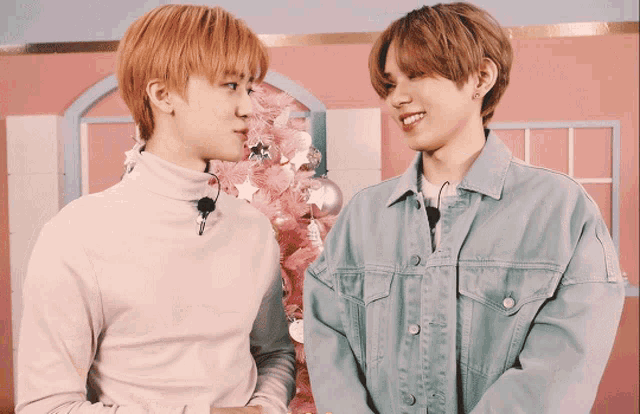 two young men are standing next to each other and smiling in front of a pink christmas tree