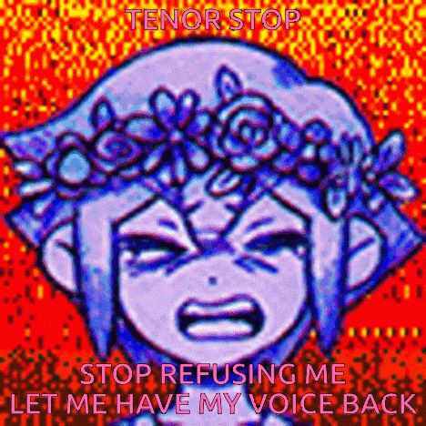 a cartoon of a girl with a flower crown on her head with the words tenor stop stop refusing me let me have my voice back