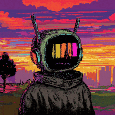 a pixel art of a person with a helmet on their head