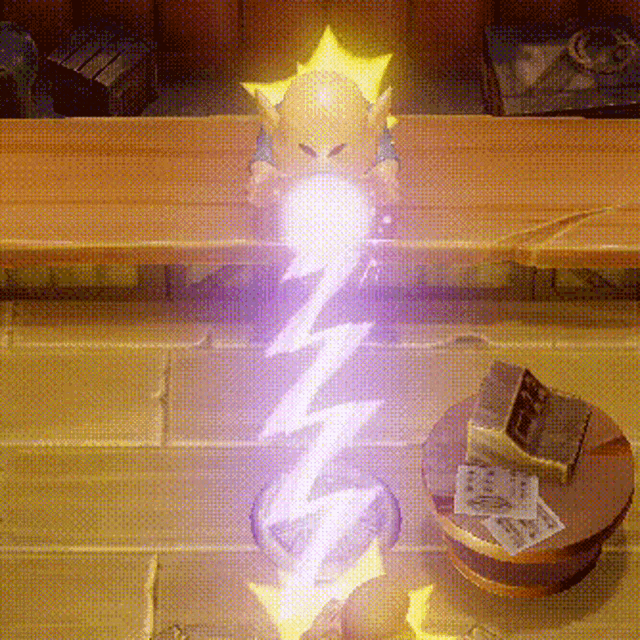 a cartoon character is holding a lightning bolt in a video game .