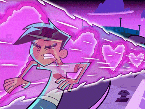a cartoon character with a purple background and hearts coming out of his chest