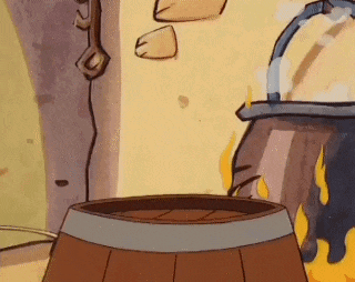 a wooden barrel is sitting in front of a cauldron with flames coming out of it in a cartoon .