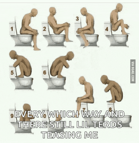 a picture of a man sitting on a toilet with the caption every way and there still lil terds teasing me