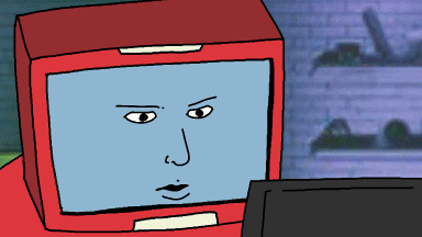 a cartoon drawing of a red box with a blue face on it