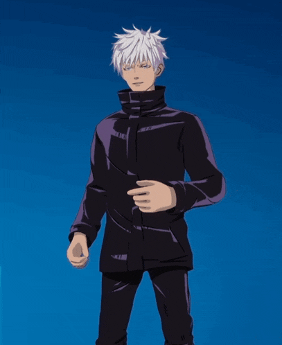 a man with white hair and a black jacket is standing in front of a blue sky