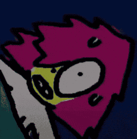 a cartoon drawing of a person with pink hair and a yellow face