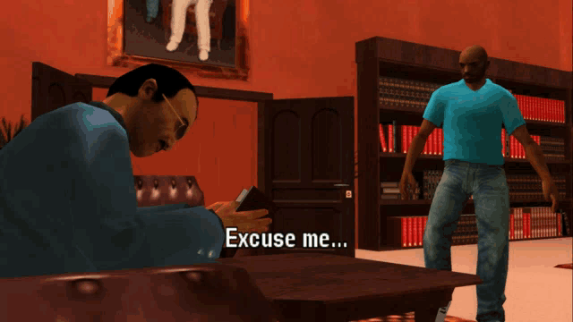 a man in a blue shirt says excuse me in a video game