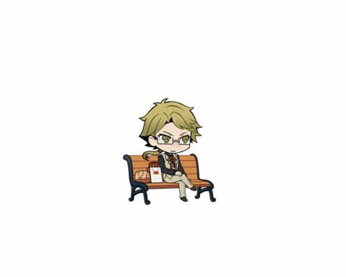 a cartoon character is sitting on a bench with a bag on it