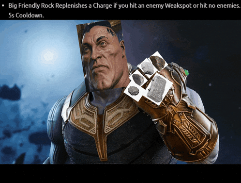 a picture of thanos holding a piece of paper that says " big friendly rock replenishes a charge "
