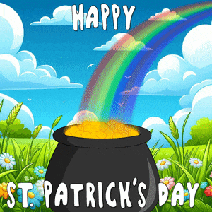 a pot of gold with a rainbow and the words happy st. patrick 's day