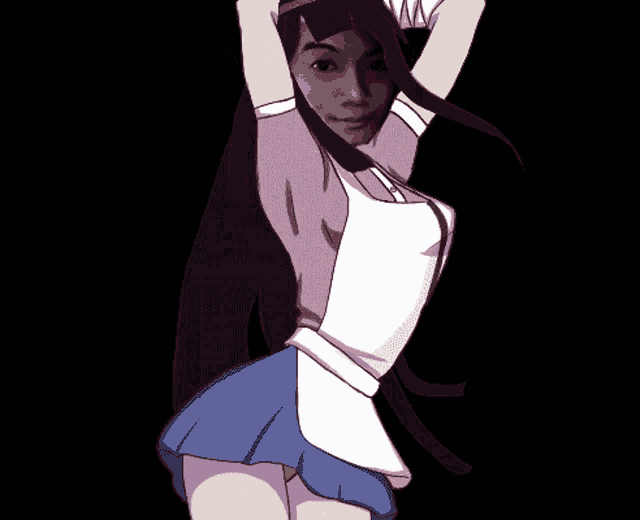 a drawing of a girl with long hair wearing a white shirt and blue skirt