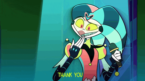 a cartoon character is holding a microphone and says " thank you "