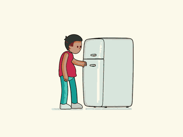 a cartoon drawing of a man opening a refrigerator door