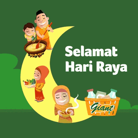 a poster that says selamat hari raya with a giant basket
