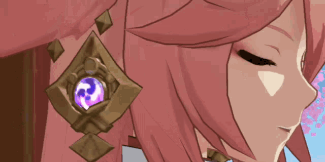 a close up of a pink haired anime character with a purple pendant
