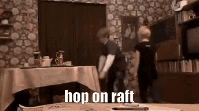 a couple of kids are dancing in a living room with the words hop on raft above them .