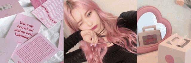 a girl with pink hair has a card that says " you 're my best friend and my best valentine " on it
