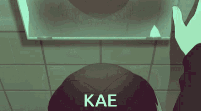 a person standing in a bathroom with the word kae on the bottom