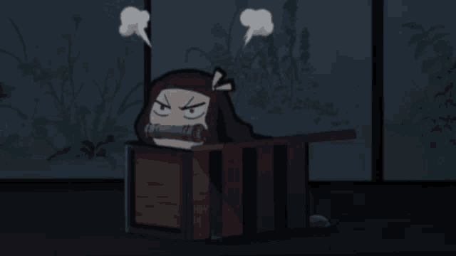 a cartoon drawing of a girl sitting in a box with her mouth open