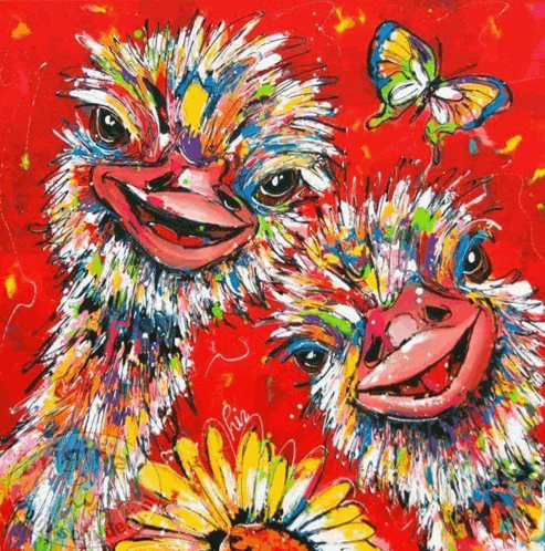 a colorful painting of two ostrich birds with a butterfly