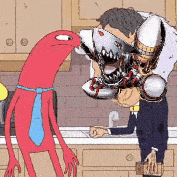 a man in a suit and tie is standing in a kitchen next to a red monster .