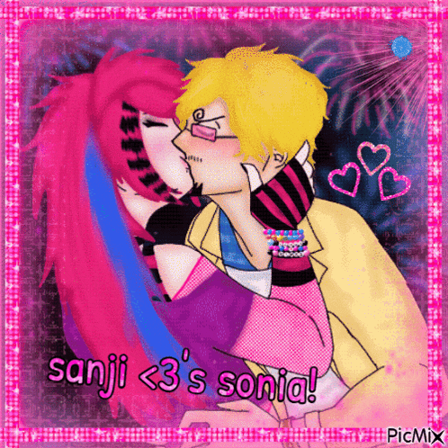 a picture of a boy and a girl kissing with the words sanji < 3 's sonia
